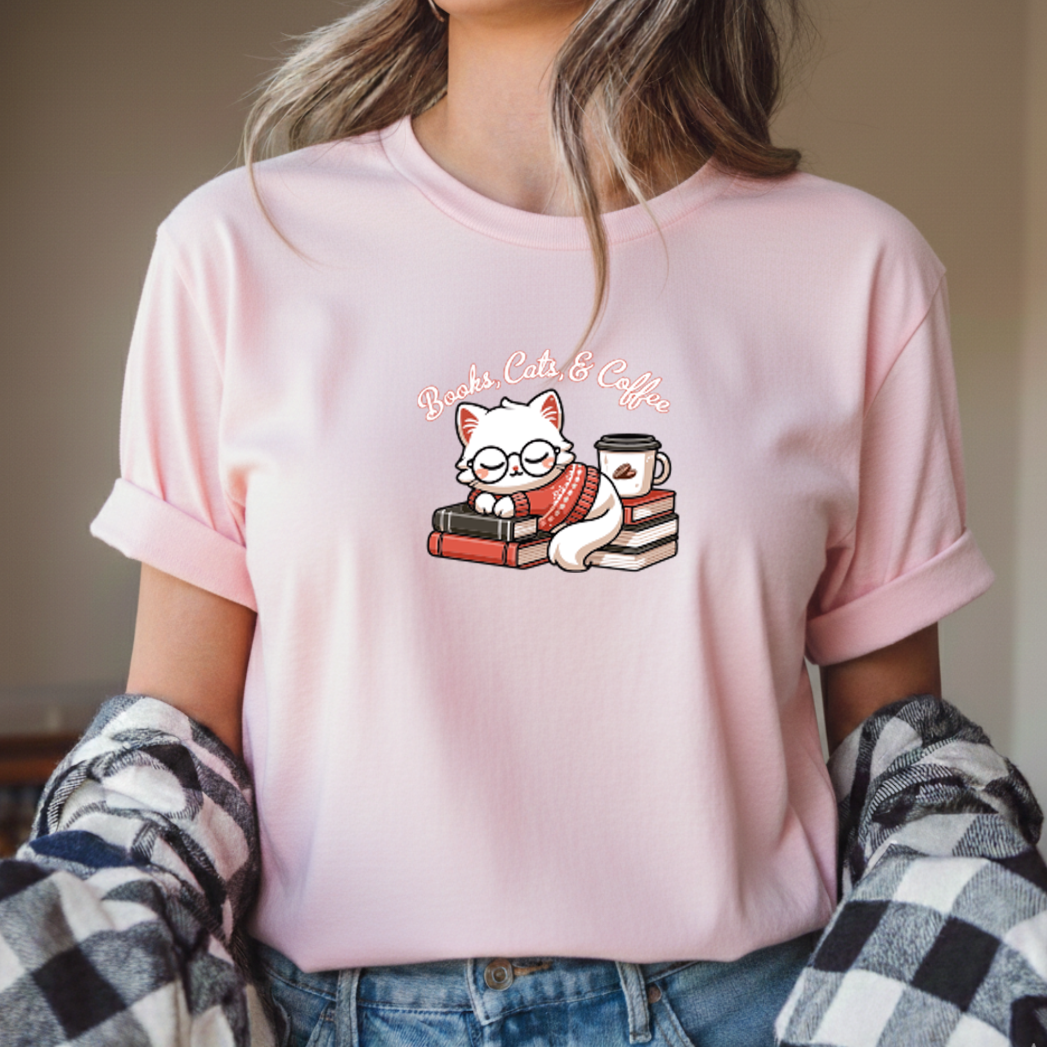 T-shirt "Cats Books Coffee" 100% Algodão Premium 190g