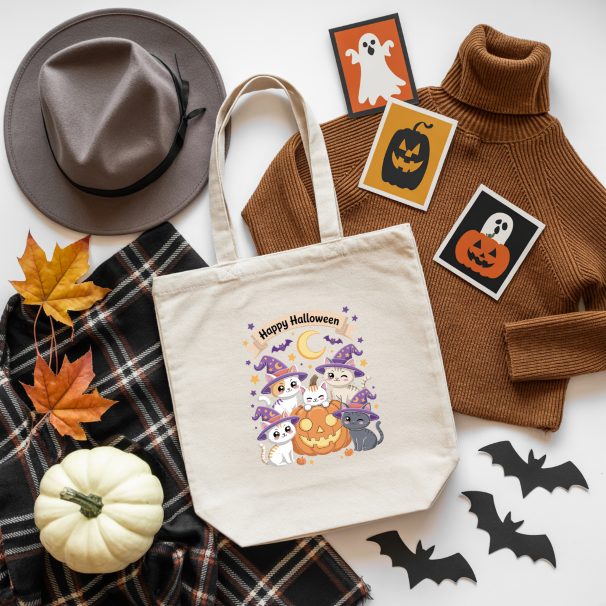 Tote Bag Happy Halloween Cats | Saco Algodão 180g | Coleção Halloween