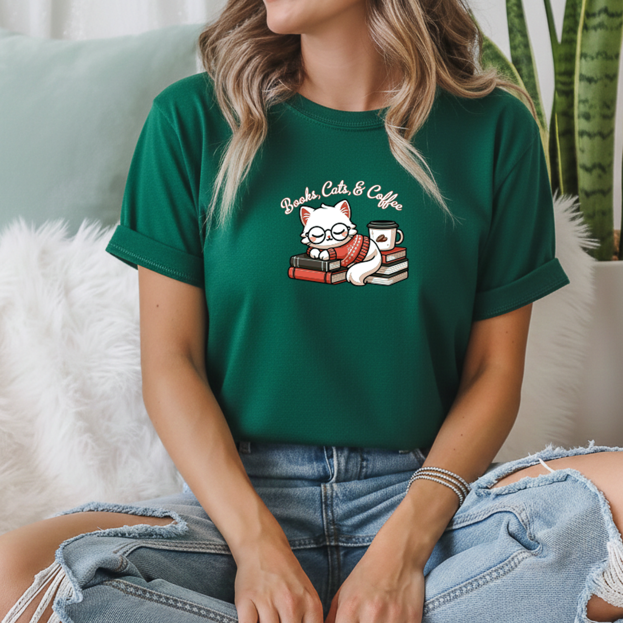 T-shirt "Cats Books Coffee" 100% Algodão Premium 190g