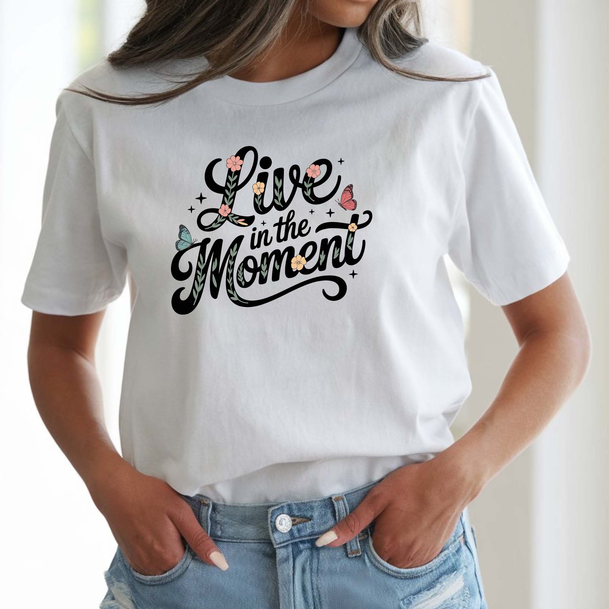 T-shirt Floral "Live in the Moment" 100% Algodão Premium 190g