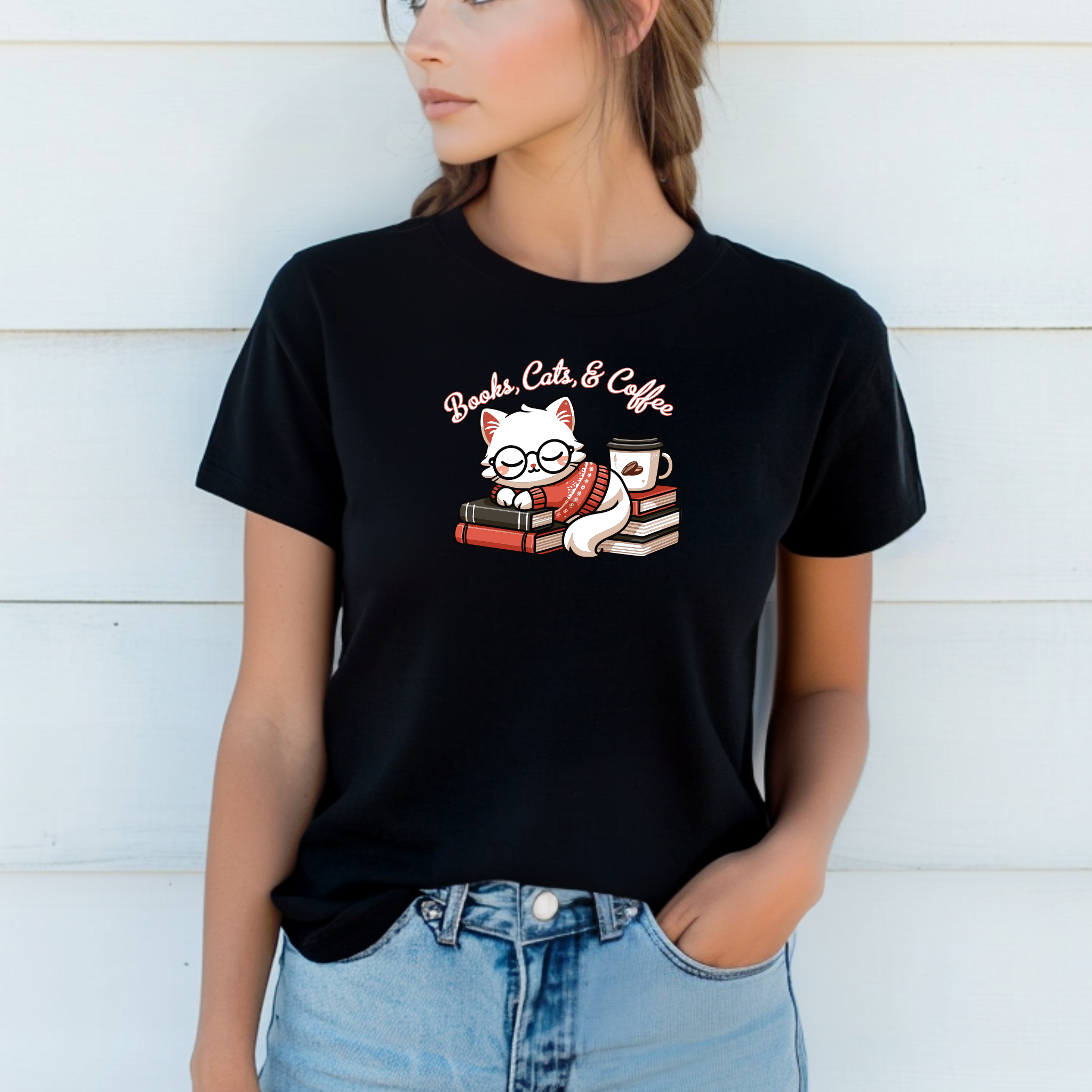 T-shirt "Cats Books Coffee" 100% Algodão Premium 190g