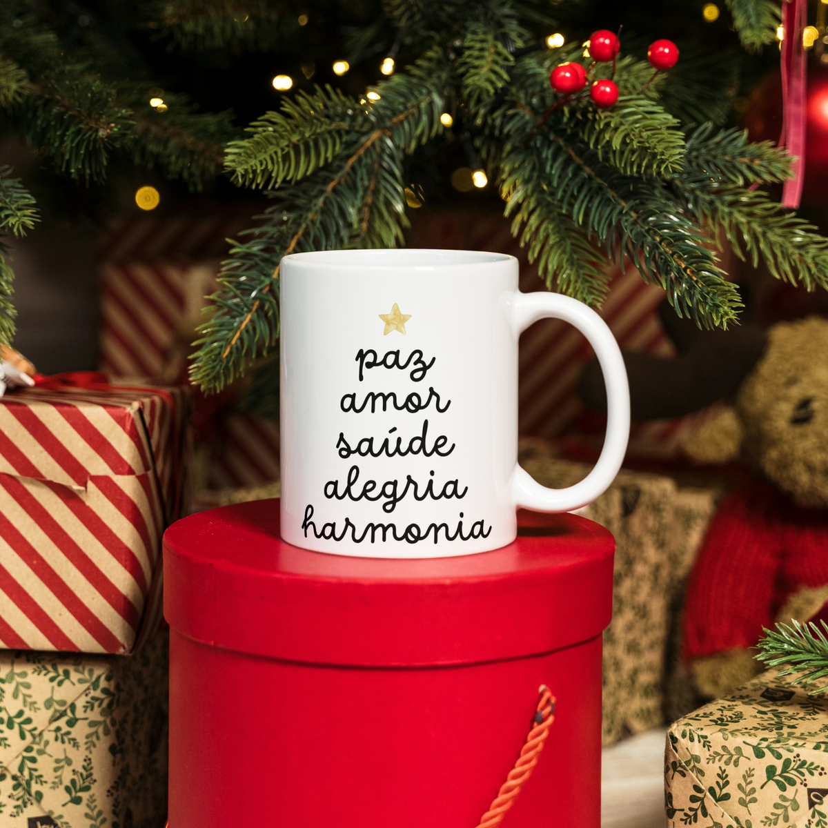 Caneca Natal "Paz, Amor, Saúde, Alegria, Harmonia" - Coleção Christmas