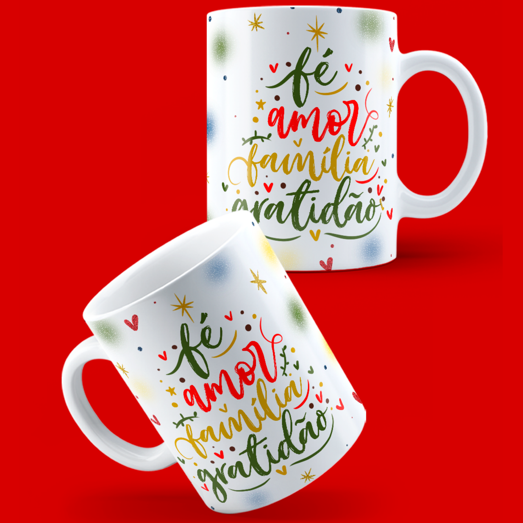 Caneca "Fé, Amor, Família, Gratidão" | Coleção Natal