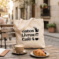 Tote Bag Pet Lovers "Gatos Café Livros" | Saco Ecológico 180g