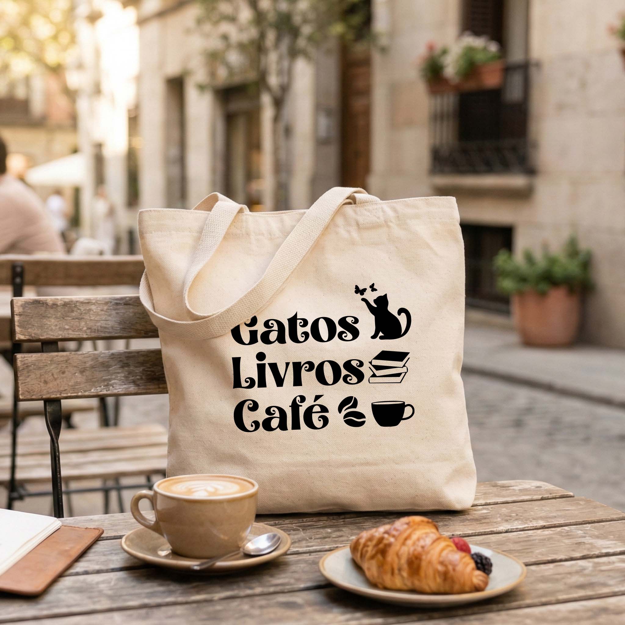 Tote Bag Pet Lovers "Gatos Café Livros" | Saco Ecológico 180g