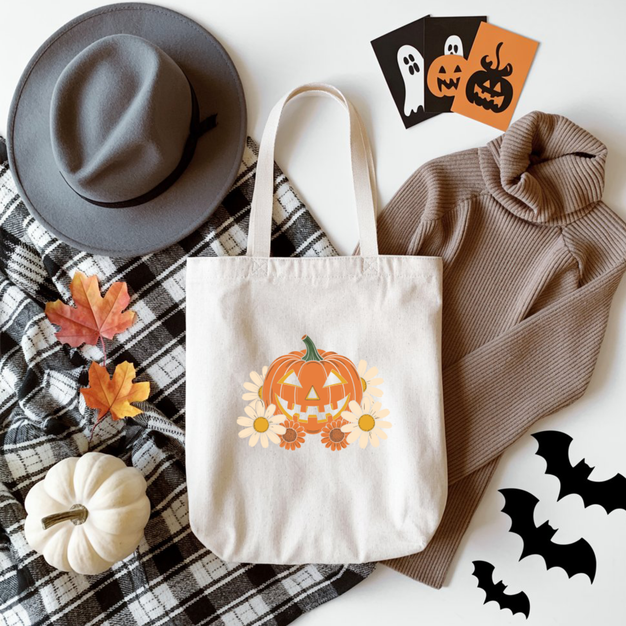 Tote Bag Halloween Abóbora Flores | Saco Algodão 180g | Ecobag