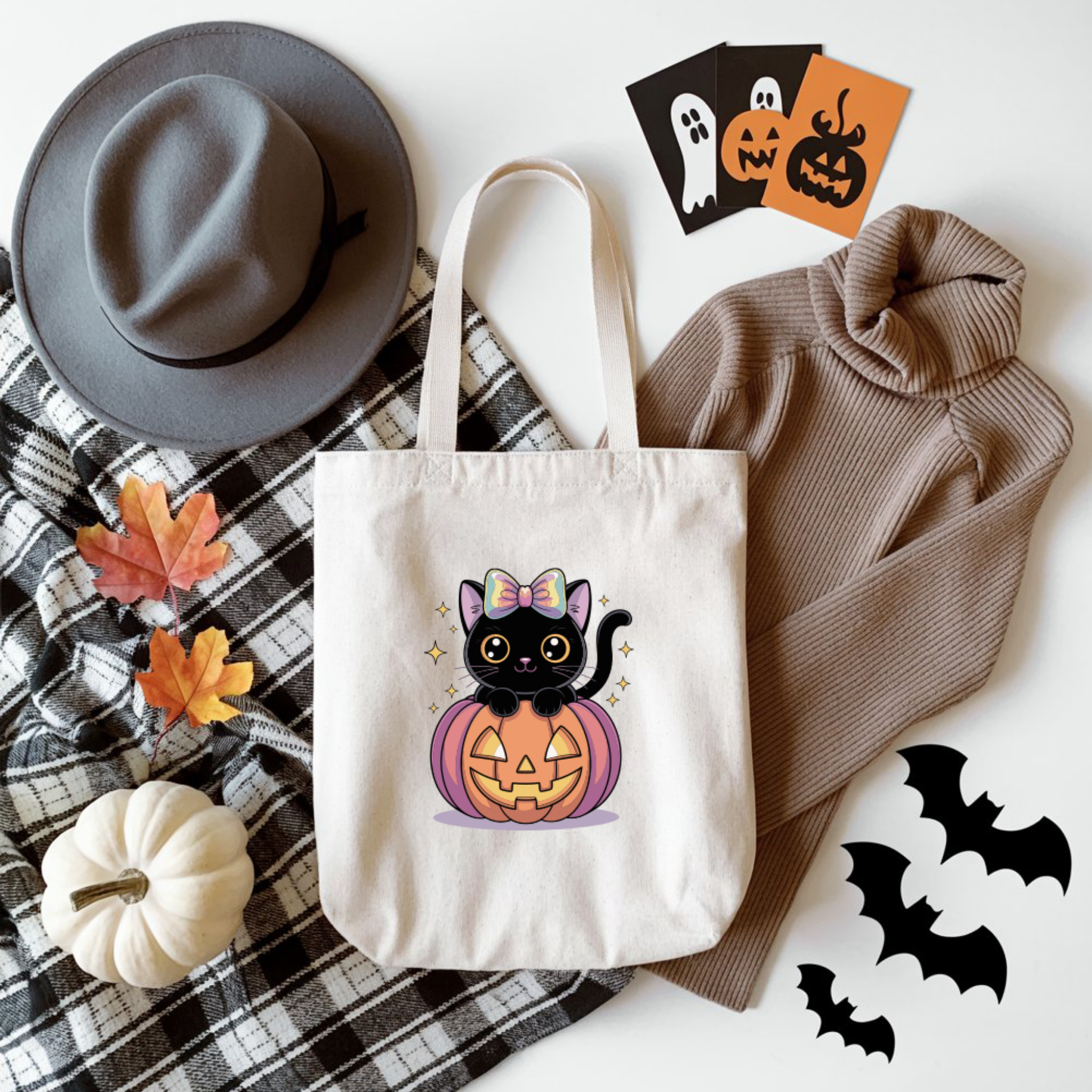 Tote Bag Halloween Cat Laço | Saco Algodão 180g | Ecobag