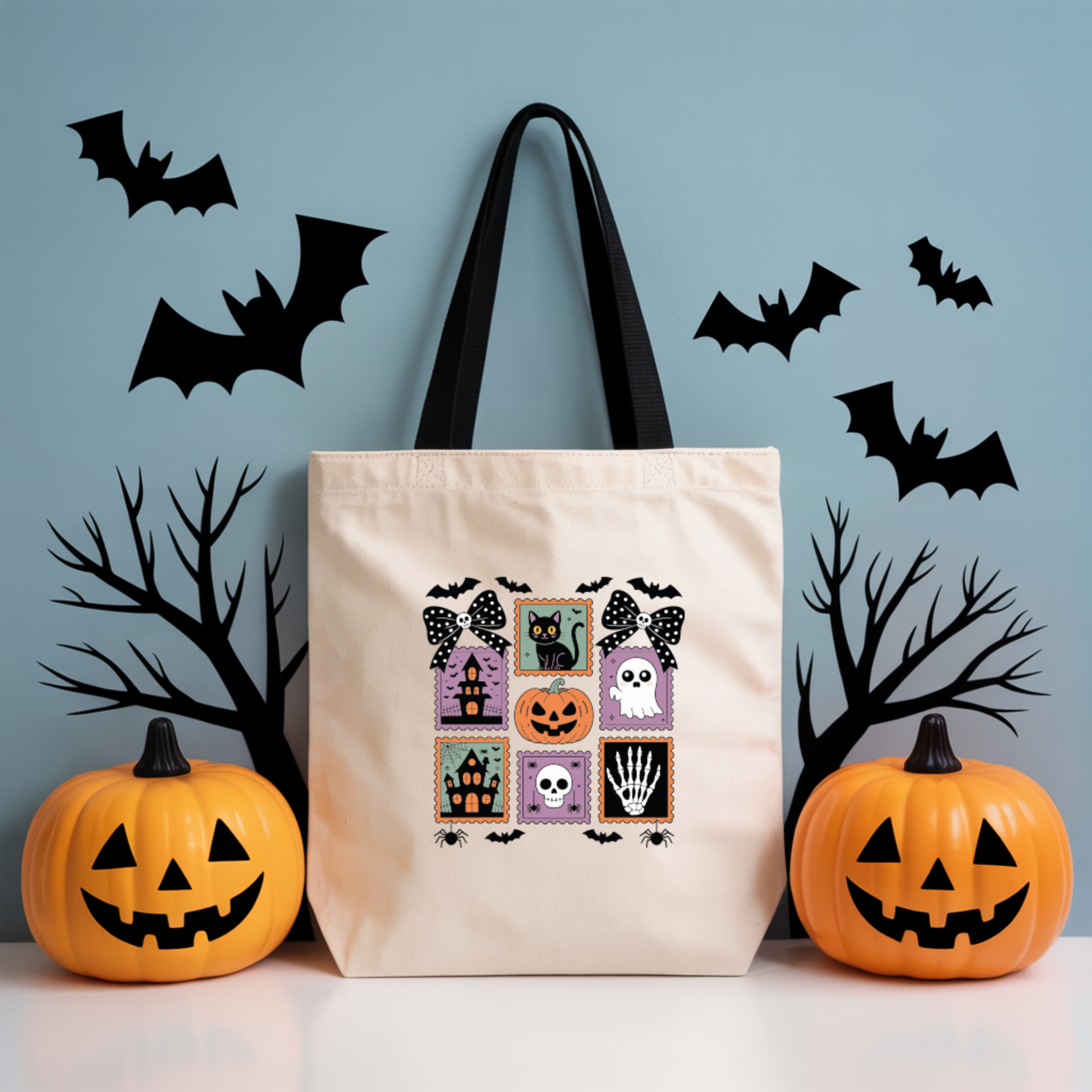 Tote Bag "Halloween" Cat Abóbora laço | Saco Algodão Halloween 180g