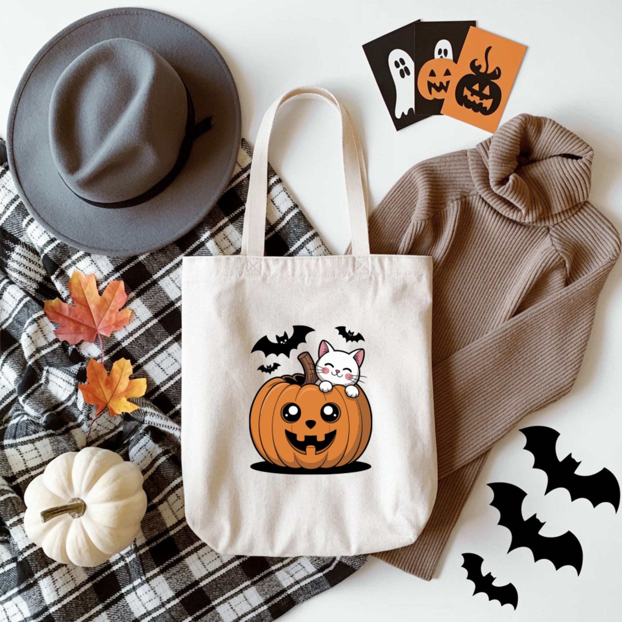 Tote Bag Halloween Abóbora Cat | Saco Algodão 180g | Ecobag