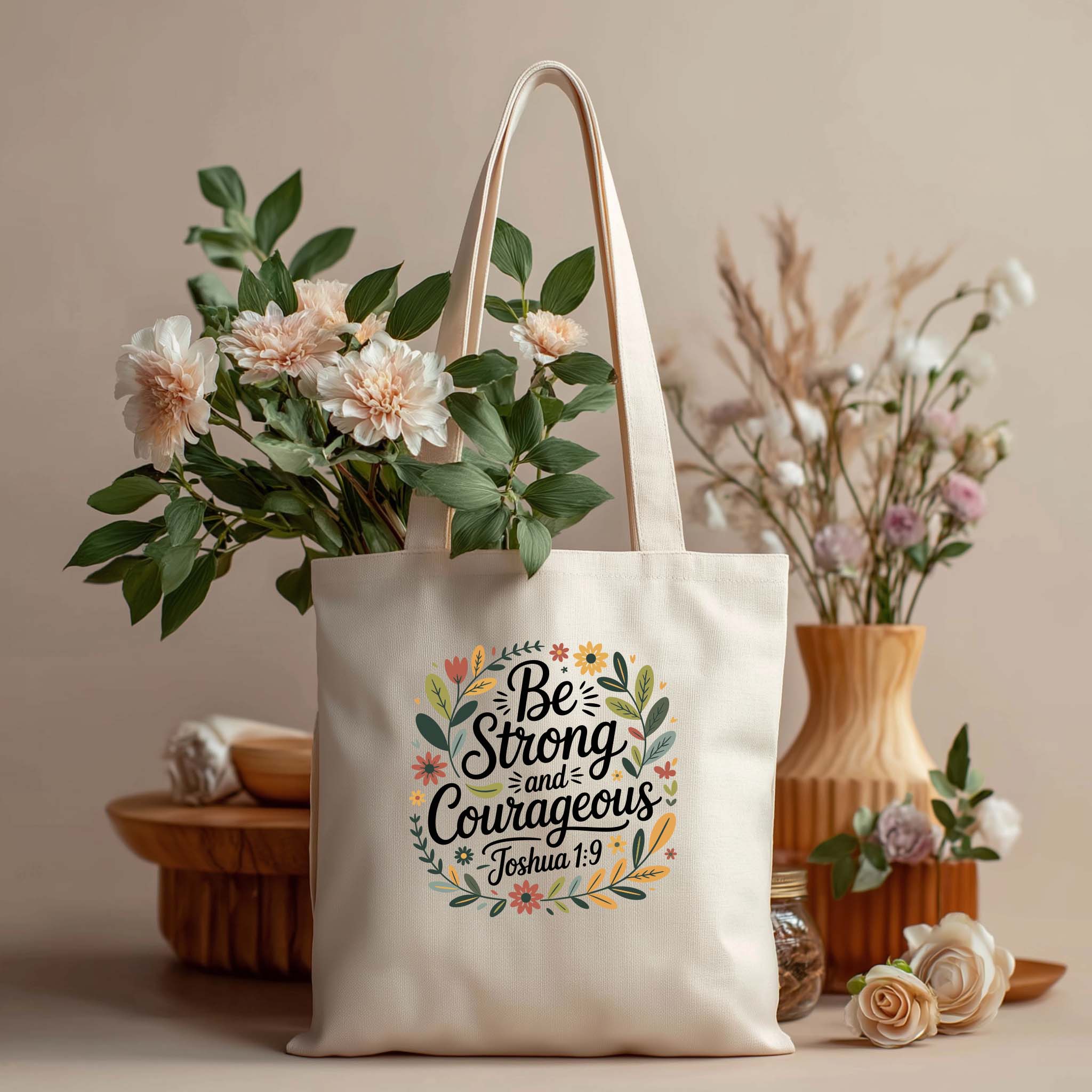 Tote Bag Floral "Be Strong and Courageous. Joshua 1:9" | Saco Algodão 180g