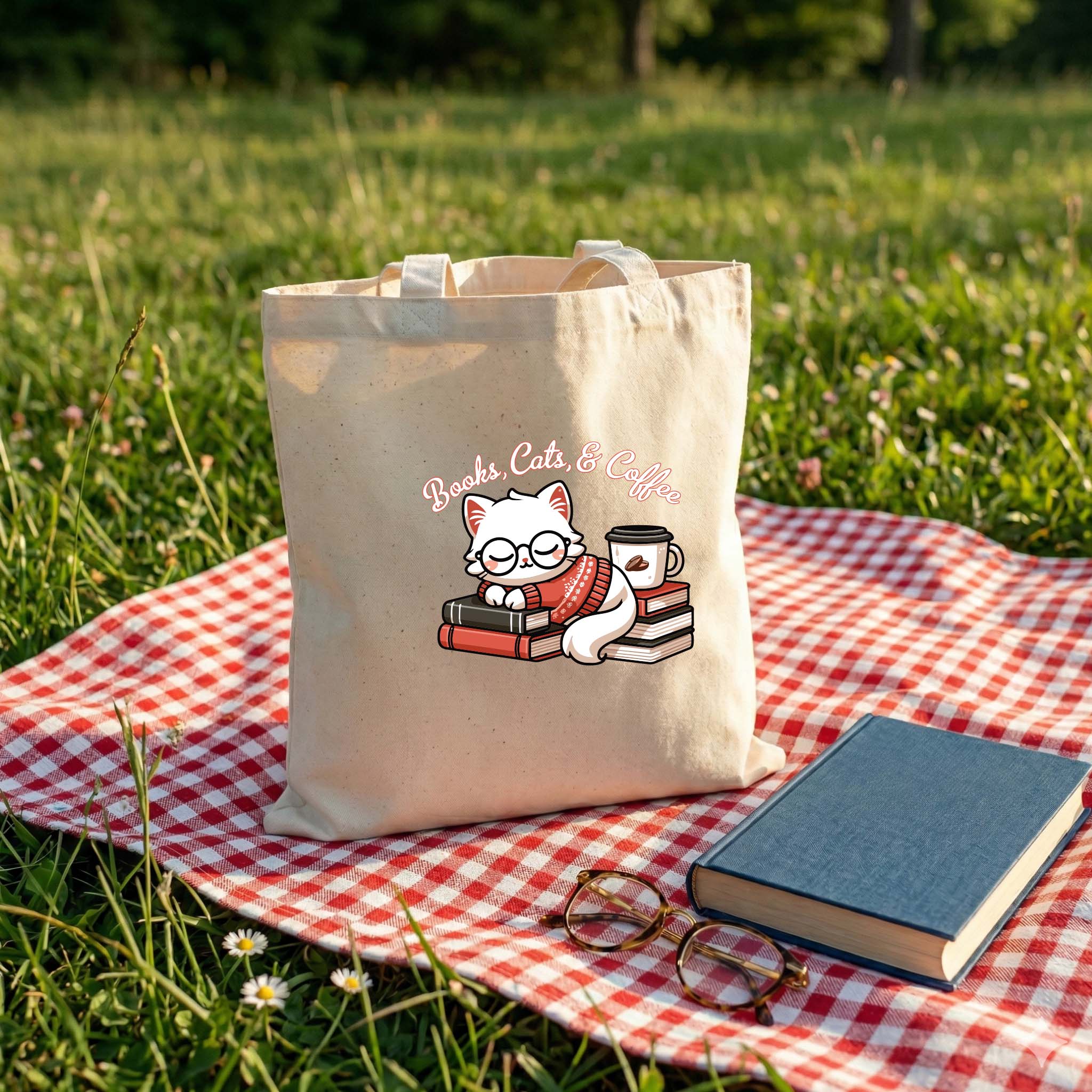 Tote Bag Pet Lovers "Books, Cats, Coffee" | Saco Ecológico 180g
